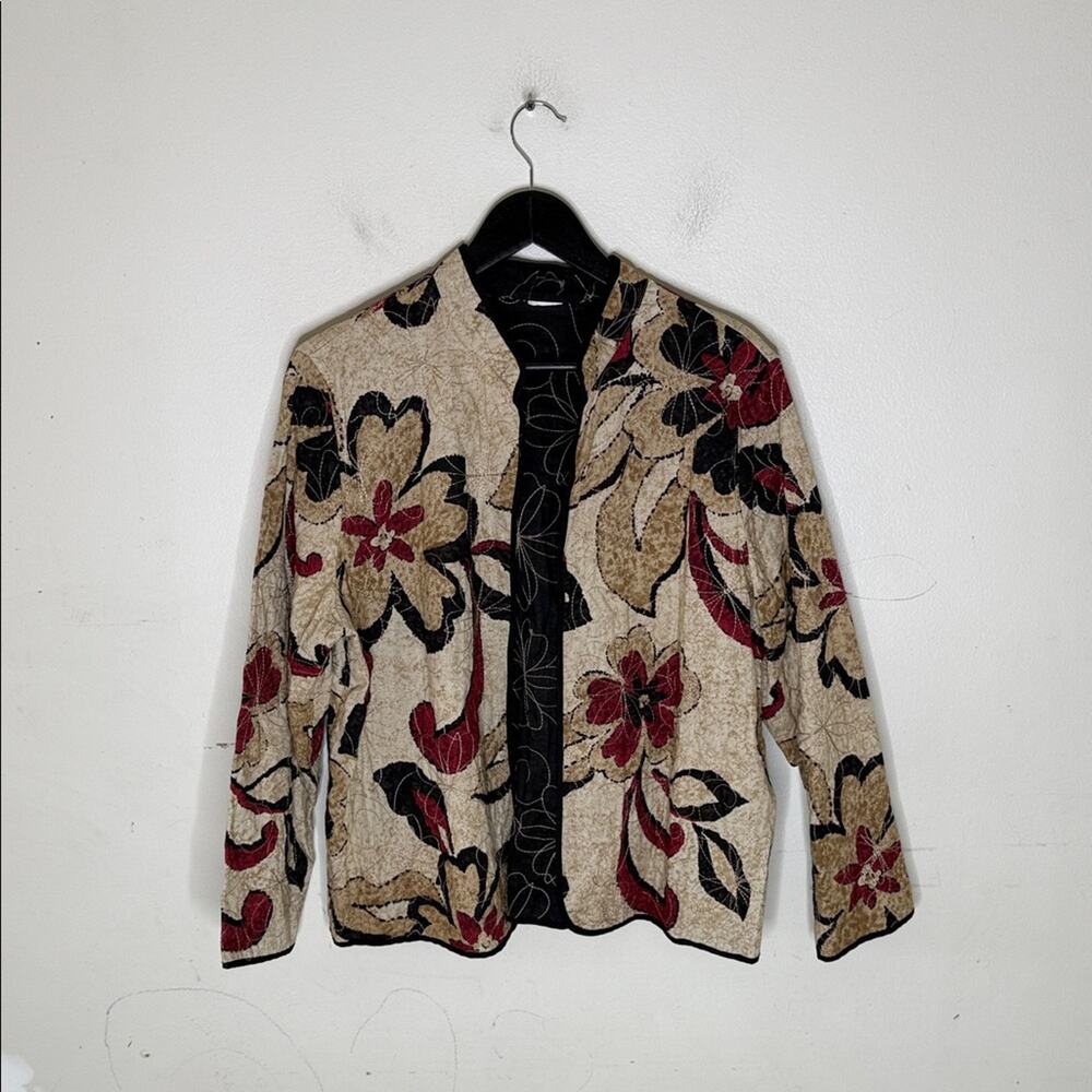 Floral Women's Jacket - Red, Black and Tan Size XL